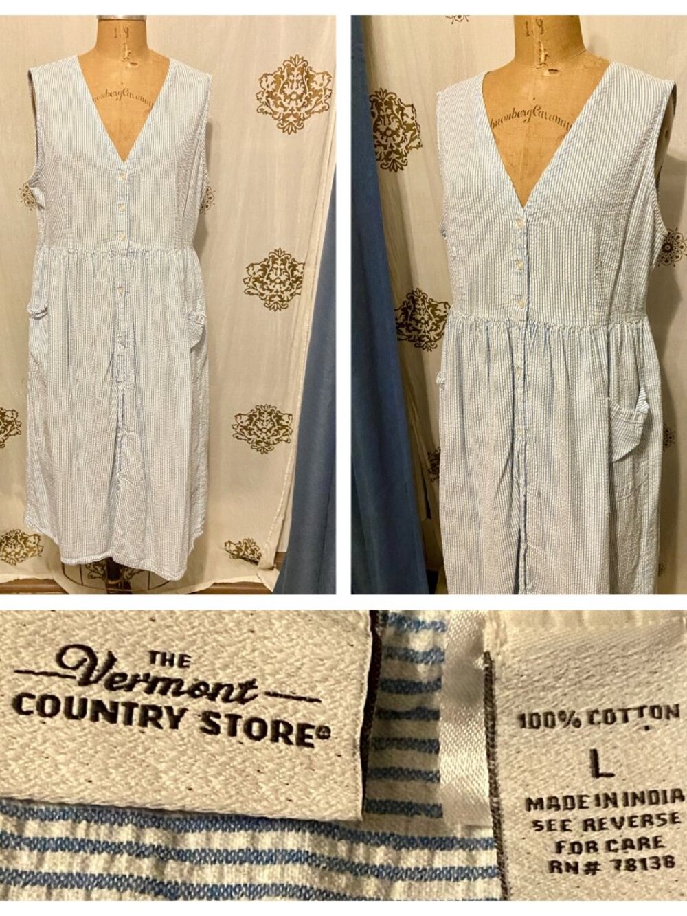 The Vermont Country Store Seersucker Dress Large Blue Cotton Cottagecore Modest